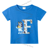 Blueyi Theme T-Shirt Blue Letter A-Z Printed Summer Kids Short Sleeve Top O-neck Cartoon Bingo Casual Tees Funny Gifts