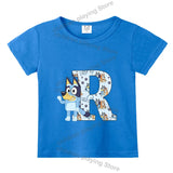 Blueyi Theme T-Shirt Blue Letter A-Z Printed Summer Kids Short Sleeve Top O-neck Cartoon Bingo Casual Tees Funny Gifts