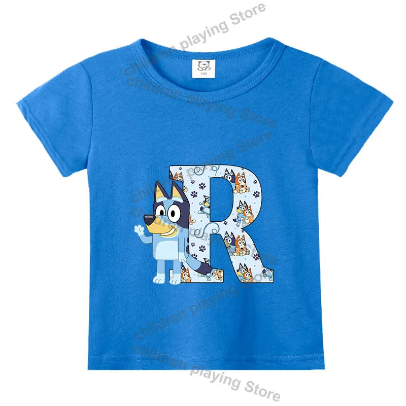 Blueyi Theme T-Shirt Blue Letter A-Z Printed Summer Kids Short Sleeve Top O-neck Cartoon Bingo Casual Tees Funny Gifts