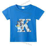 Blueyi Theme T-Shirt Blue Letter A-Z Printed Summer Kids Short Sleeve Top O-neck Cartoon Bingo Casual Tees Funny Gifts