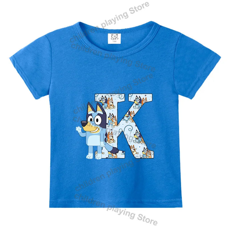 Blueyi Theme T-Shirt Blue Letter A-Z Printed Summer Kids Short Sleeve Top O-neck Cartoon Bingo Casual Tees Funny Gifts