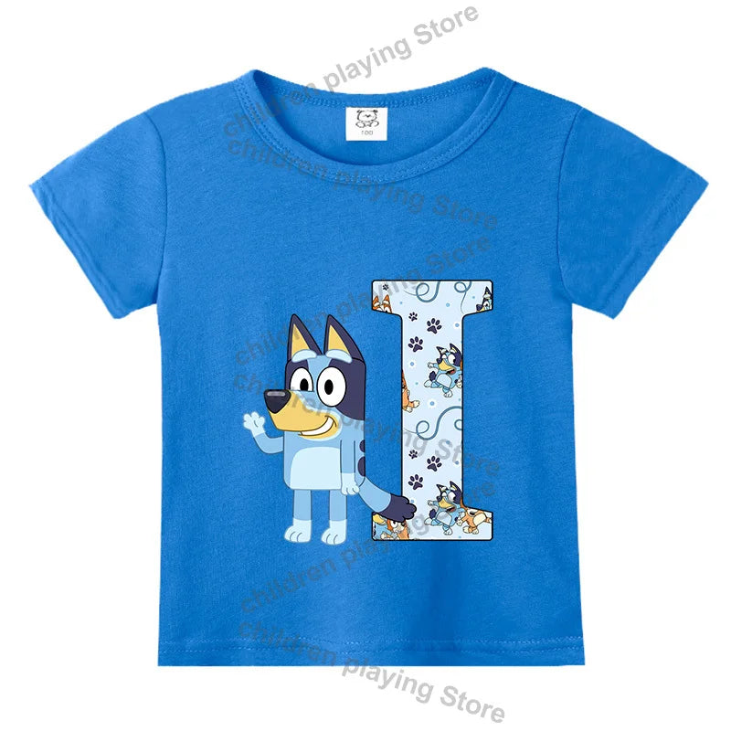 Blueyi Theme T-Shirt Blue Letter A-Z Printed Summer Kids Short Sleeve Top O-neck Cartoon Bingo Casual Tees Funny Gifts