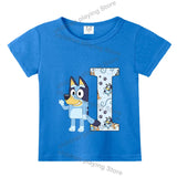 Blueyi Theme T-Shirt Blue Letter A-Z Printed Summer Kids Short Sleeve Top O-neck Cartoon Bingo Casual Tees Funny Gifts