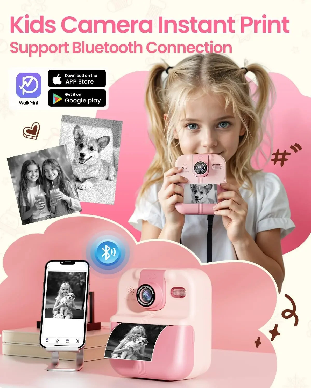Kids Camera Instant Print Bluetooth Connection Photo 1080P HD Toddler Camera for Girls Boys 3-12 Age Birthday Christmas Gifts