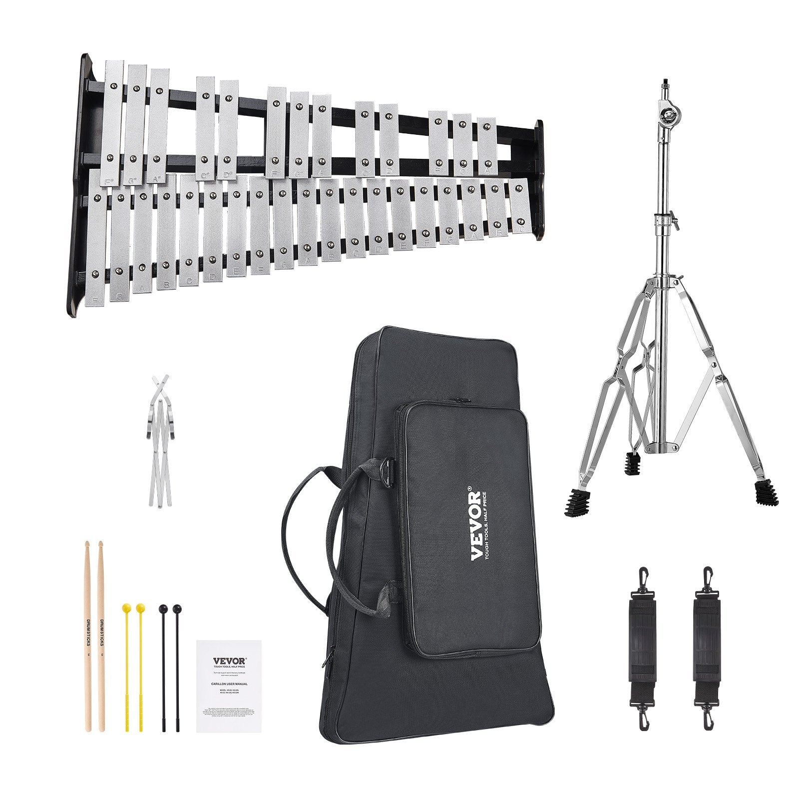 VEVOR 32 Note Glockenspiel Xylophone Bell Kit, Professional Percussion Instrument Set with Mallets, Drum Sticks, Music Stand, Adjustable Stand and Carrying Bag for Students & Adults