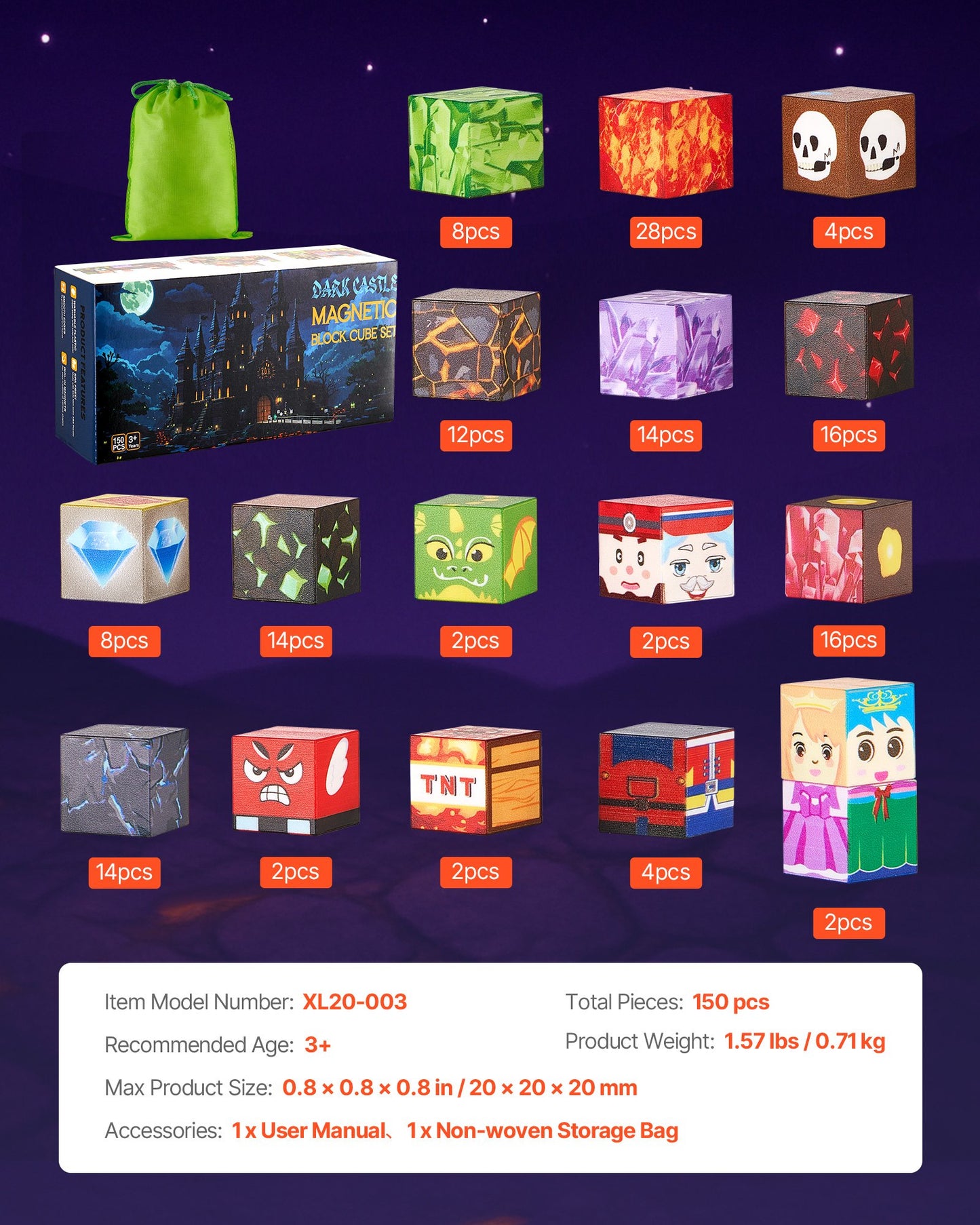 VEVOR Magnetic Blocks, 150 PCS Dark Castle Set, Magnetic Building Cubes for Kids, STEM Montessori Sensory Toys for Christmas Birthday Gift, Construction Stacking Toy for 3+ Years Old Boys & Girls