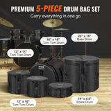 VEVOR 5-Piece Drum Bag Set, 1680D Oxford Fabric, Padded Drum Bags and Cases with 4.92 ft Detachable Shoulder Strap Carry Handles Foldable Design, for 55cm Kick 30cm Tom 33cm Tom 40cm Tom 35cm Snare