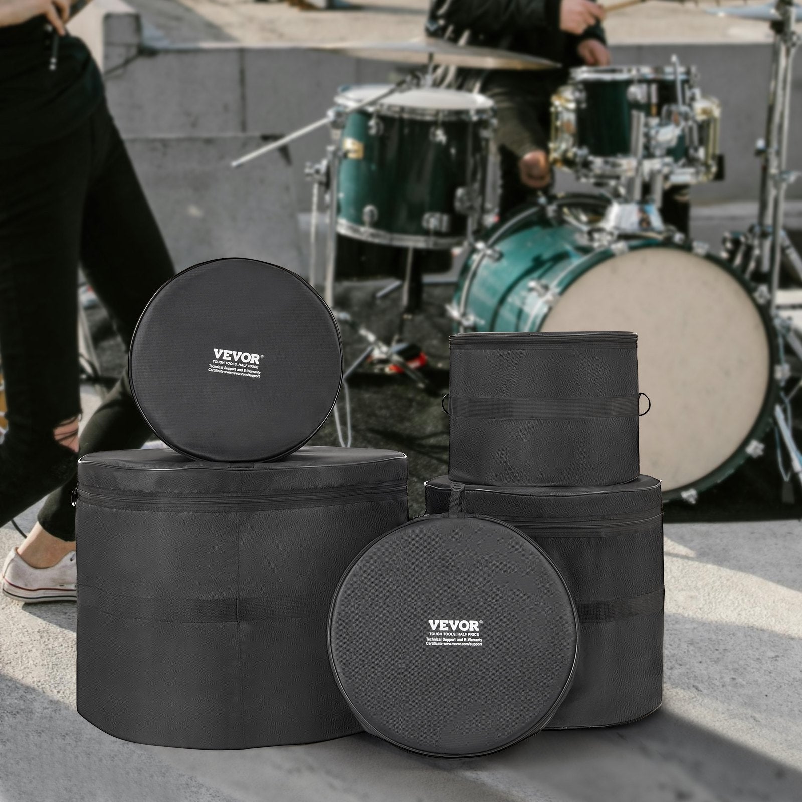 VEVOR 5-Piece Drum Bag Set, 1680D Oxford Fabric, Padded Drum Bags and Cases with 4.92 ft Detachable Shoulder Strap Carry Handles Foldable Design, for 55cm Kick 30cm Tom 33cm Tom 40cm Tom 35cm Snare