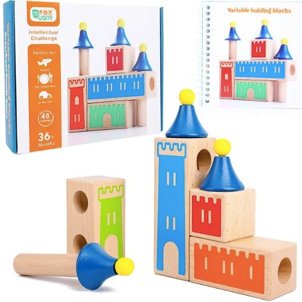Wooden block puzzle Montessori kid toys wood changing dream castle building block IQ training game thinking gift logical