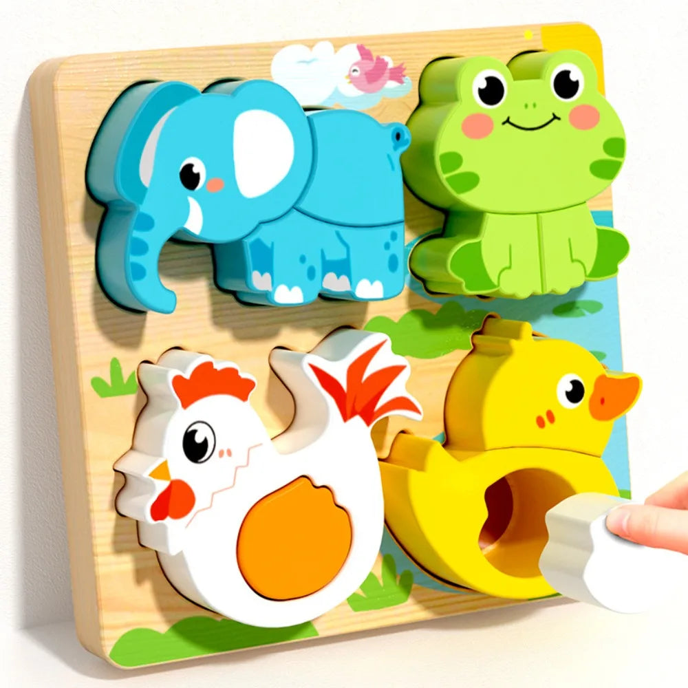 New 4-in-1 Wood Puzzle 3D Safe Animals Cognitive Jigsaw Puzzle Portable Cartoon Early Learning Puzzle Set Children Educational