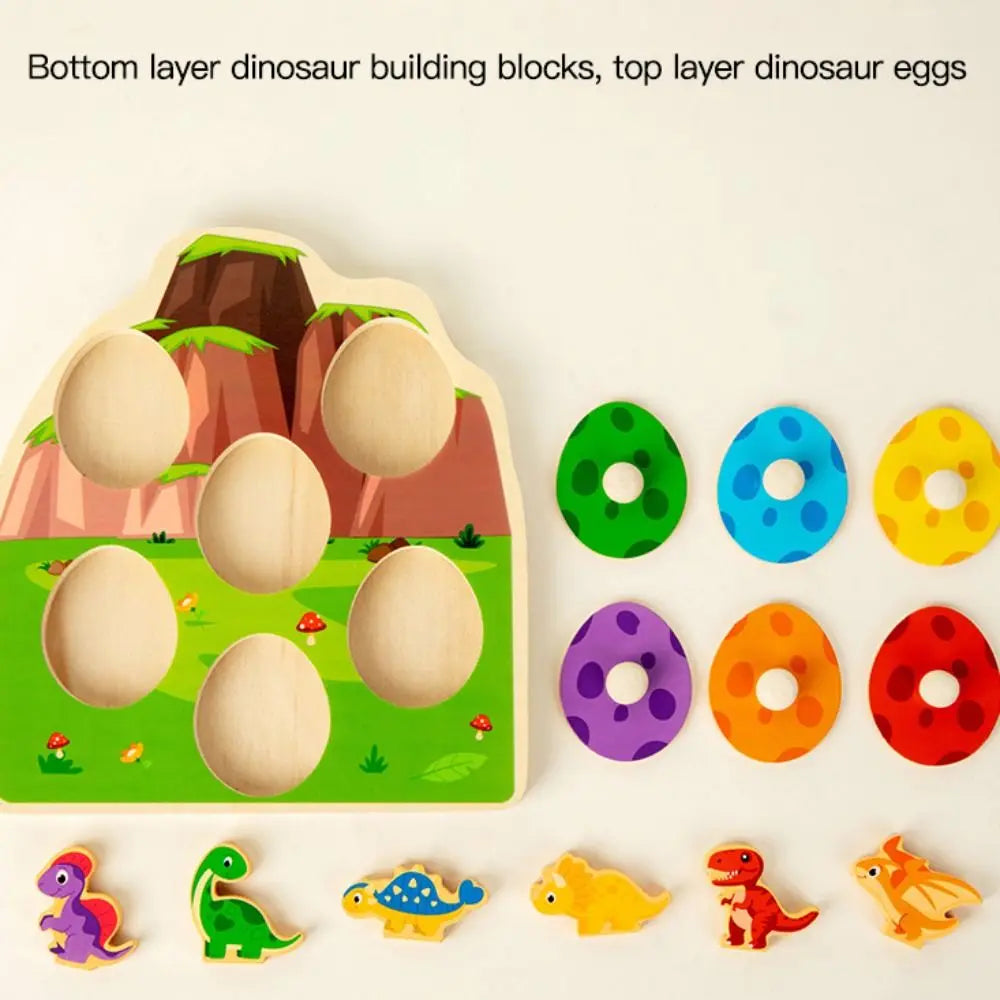 Wooden Peg Wood Dinosaur Jigsaw Early Learning Preschool Animal Domino Puzzle Toy Multi-layer Educational Toddler Puzzles