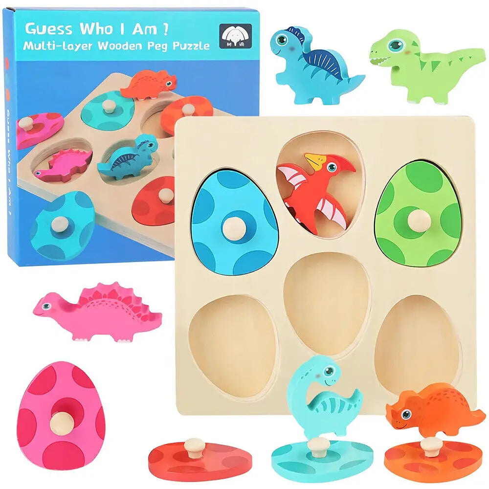 Wooden Dinosaur Jigsaw Puzzle Toys Montessori Peg Puzzle Game Kids Toddler 3D Wood Early Learning Educational Toys For Gifts