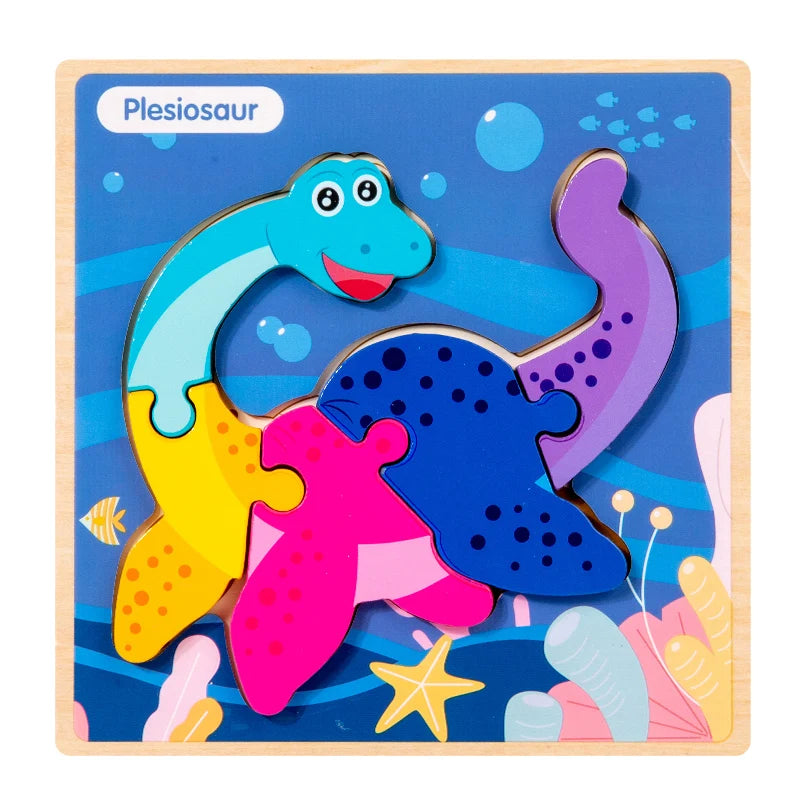 High Quality 3D Montessori Wooden Cartoon Dinosaur Puzzle Early Learning Cognition Shapes Games Puzzles Toys Gifts for Children