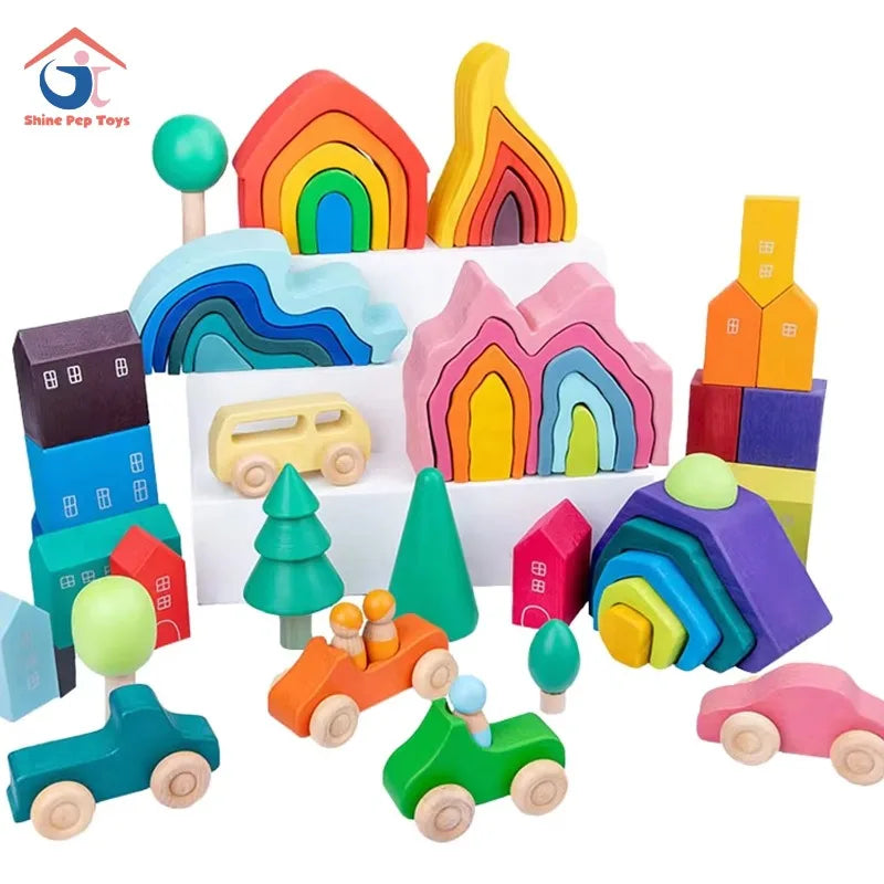 Four Elements Forest Small Tree House Coral Wooden Jigsaw Puzzle Ins Stacking Blocks Building Toys for Children's Pretend Play