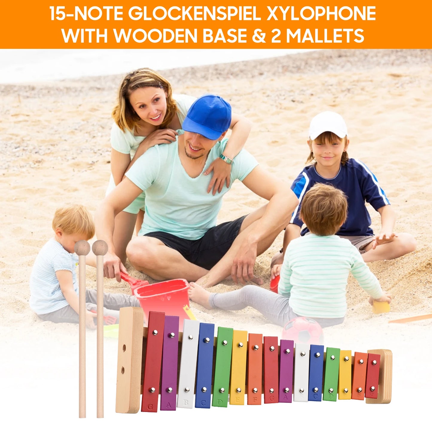 15 Note Glockenspiel Xylophone Wooden Base Colorful Aluminum Bars with 2 Mallets Educational Musical Instrument Percussion Gift