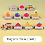Magnetic Wooden Small Train Toys Children Puzzle Magnetic Building Assembling Blocks Baby Transportation Animal Fruit Train Toys