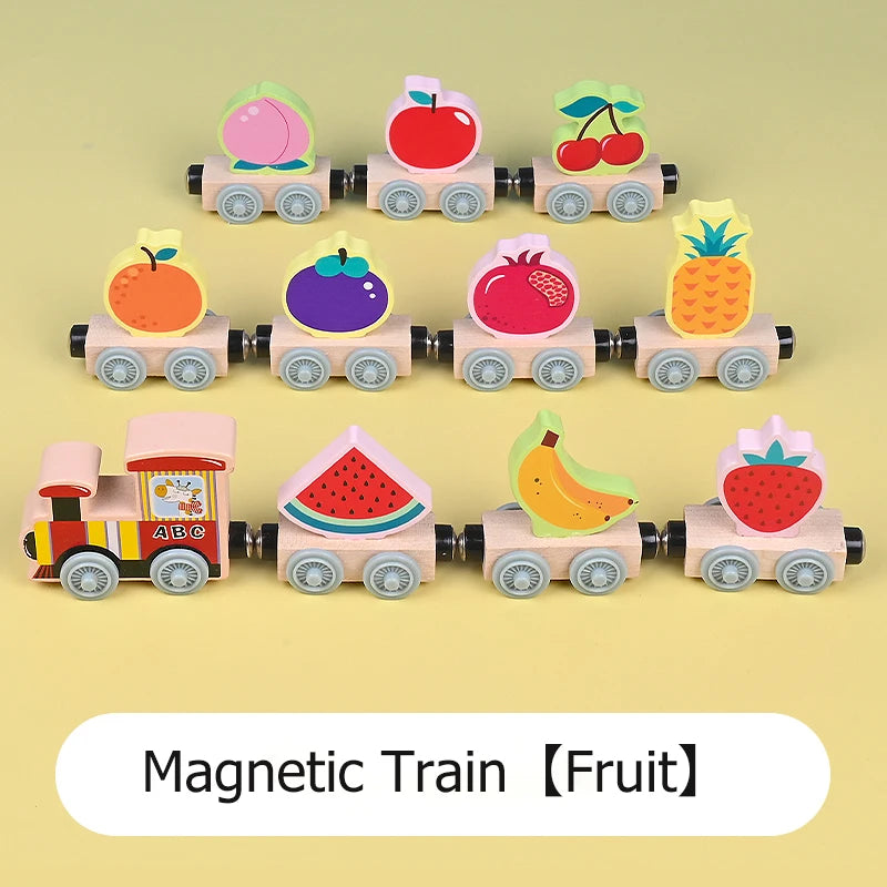 Magnetic Wooden Small Train Toys Children Puzzle Magnetic Building Assembling Blocks Baby Transportation Animal Fruit Train Toys