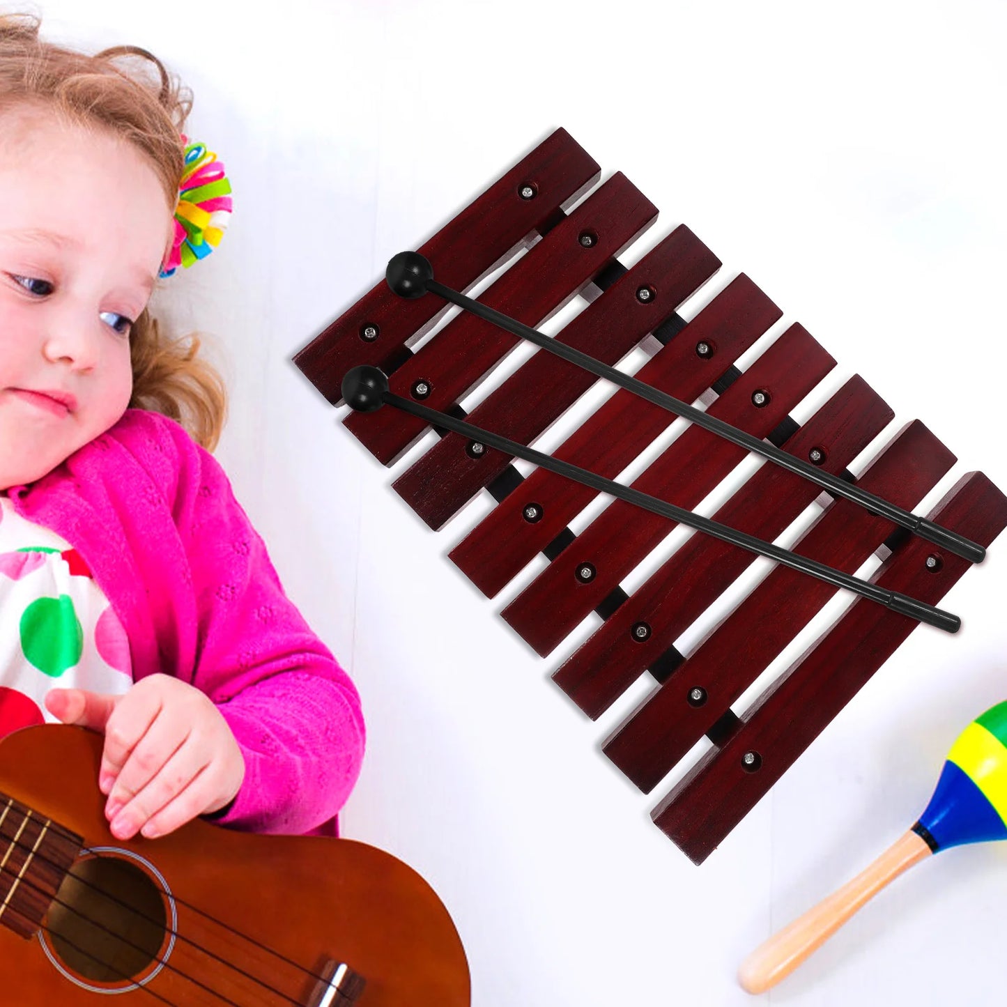 1 Set Eight Tone Red Sandalwood Xylophone Wooden Percussion Instrument Kids Educational Musical Toy For Preschooler Classroom