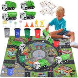 Y.L. DOYMX Toy Garbage Truck - Trash Truck Toys w/Play Mat 4 Pcs 6 Inch Friction Powered Small Garbage Truck Toy 8 Signposts 4 Trash Bins with 108 pcs Trash Cards for Boys Age 3+ Toddlers Kids Gift