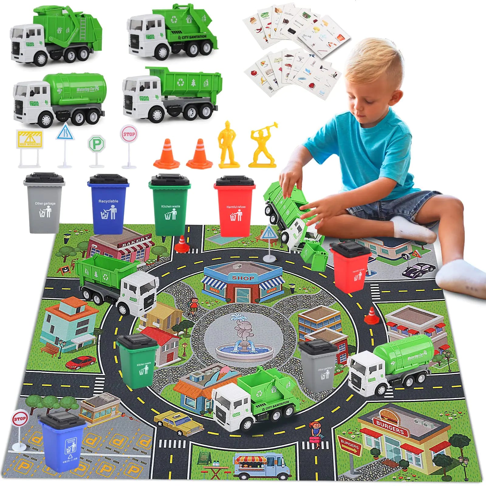Y.L. DOYMX Toy Garbage Truck - Trash Truck Toys w/Play Mat 4 Pcs 6 Inch Friction Powered Small Garbage Truck Toy 8 Signposts 4 Trash Bins with 108 pcs Trash Cards for Boys Age 3+ Toddlers Kids Gift