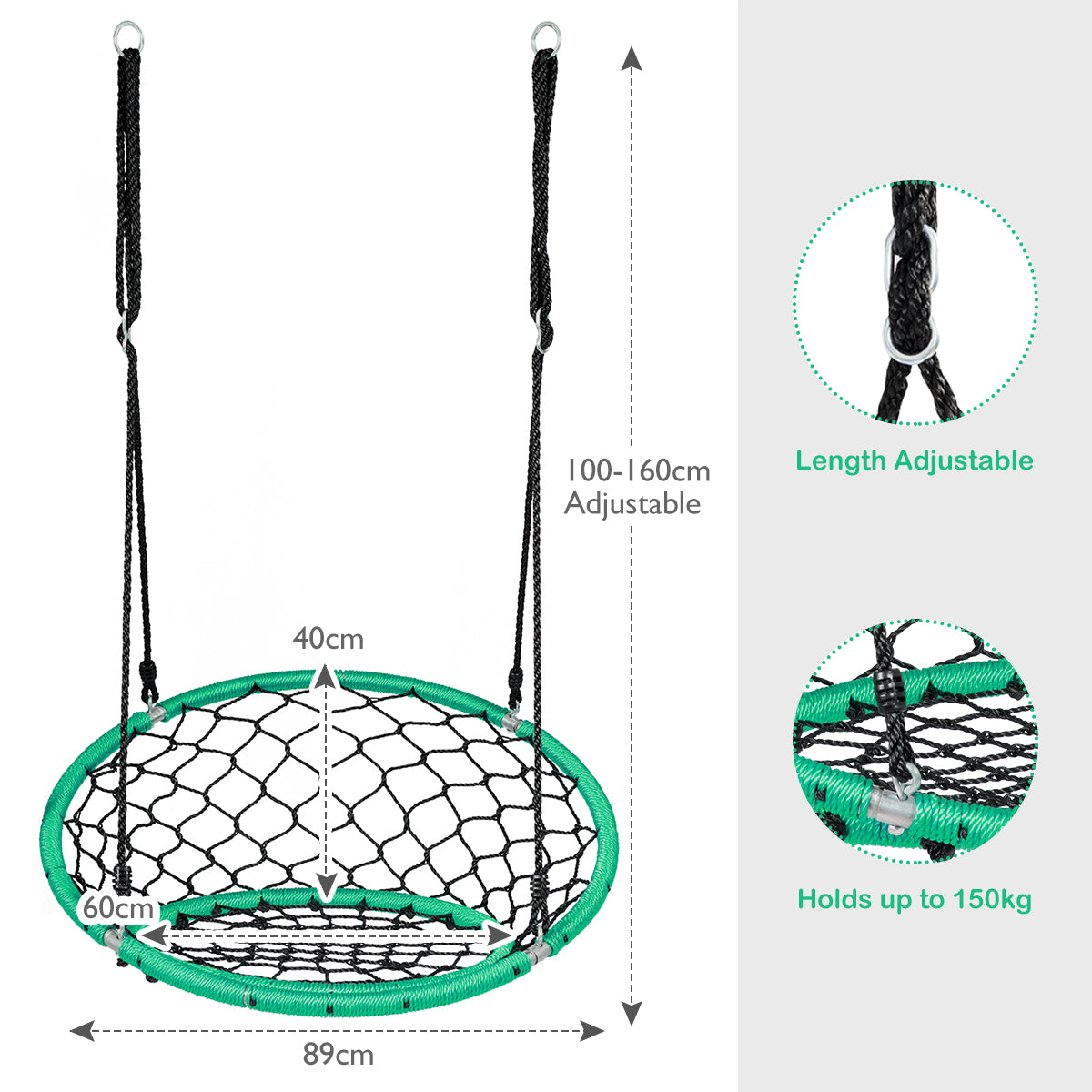 NNECW Net Hanging Swing Chair with Adjustable Hanging Ropes for Outdoor-Green