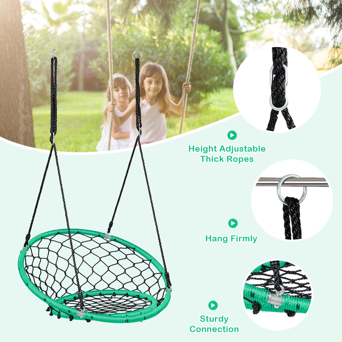 NNECW Net Hanging Swing Chair with Adjustable Hanging Ropes for Outdoor-Green